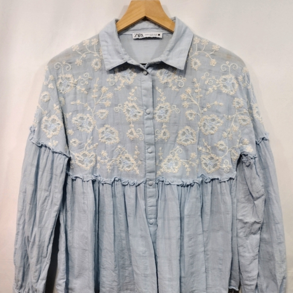 Zara Embroidered Babydoll Top Women's XS Blue Floral Boho Retro Cottagecore 90s - Picture 4 of 11
